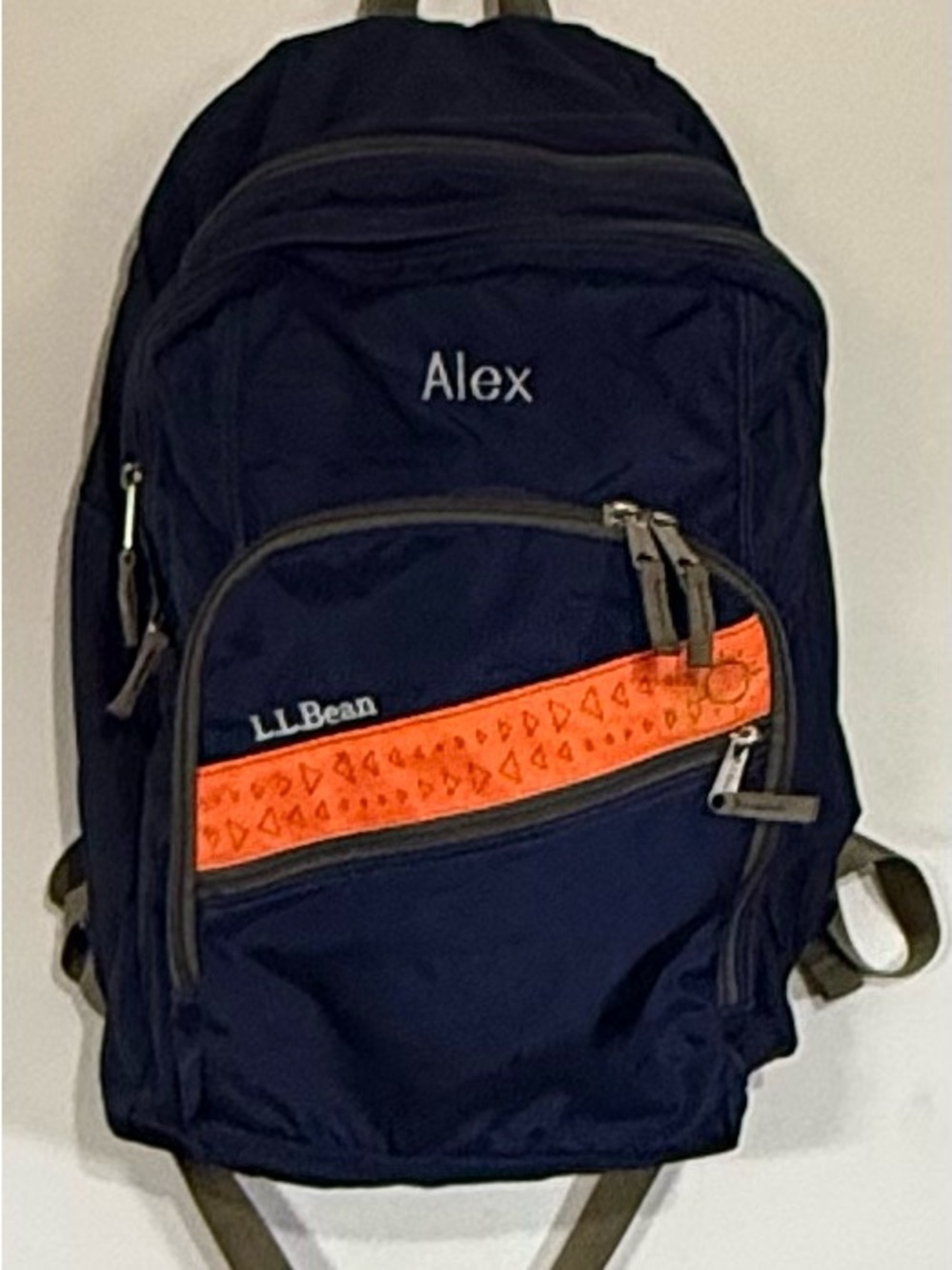 L.L. Bean embroidered “Alex” Navy and Orange Backpack